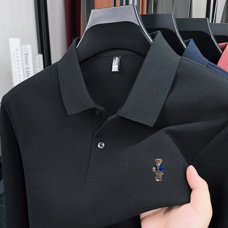 100% pure cotton men's trendy luxury brand autumn long sleeved polo shirt designer teddy bear embroidery business casual T-shirt