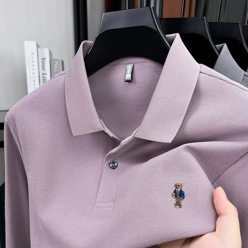 100% pure cotton men's trendy luxury brand autumn long sleeved polo shirt designer teddy bear embroidery business casual T-shirt