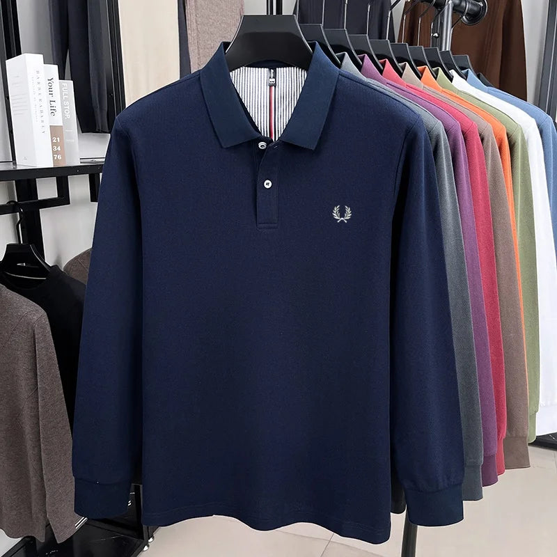 100% pure cotton autumn and winter highend men POLO shirt fashion brand embroidered wheat business casual lapel long sleeved top