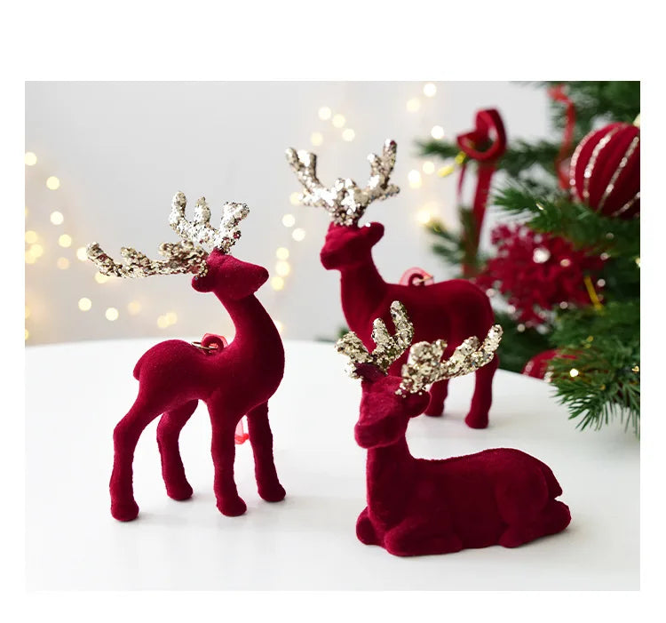 New Christmas elk glitter burgundy flocked deer ornament, Christmas tree pendant, Christmas home decoration handicraft
