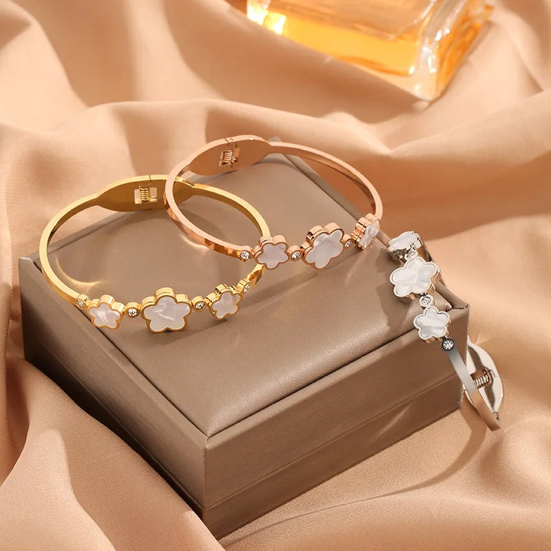 Simple Stainless Steel White Shell Five Leaf Flower Bangle Classic Clover Wrist Jewelry Luxury for Woman Party Jewelry Gift - You Offer