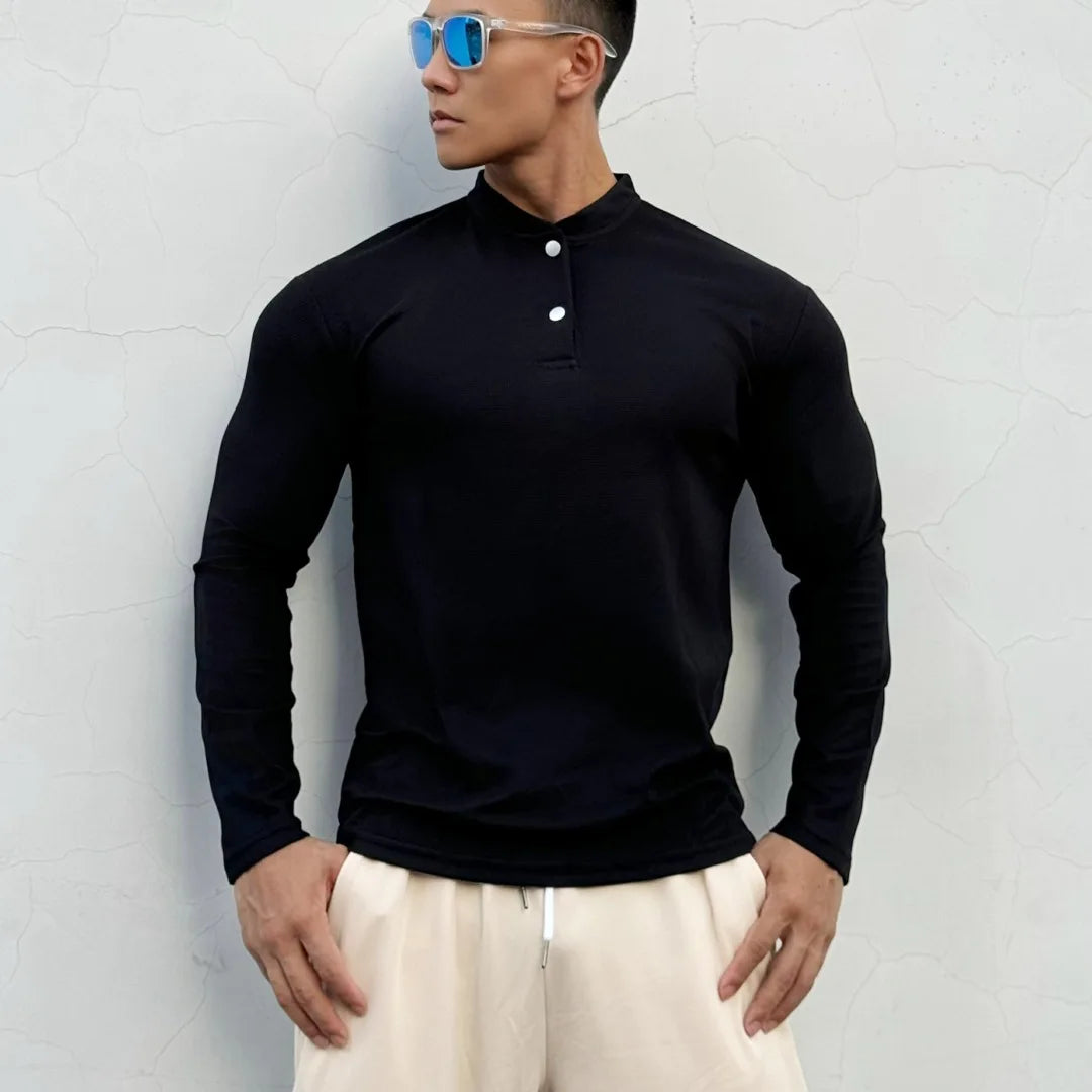 Men's New-style Henry Collar Large Polo Sports And Fitness Breathable Casual Training High-elastic Long-sleeved T-shirt