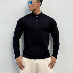 Men's New-style Henry Collar Large Polo Sports And Fitness Breathable Casual Training High-elastic Long-sleeved T-shirt