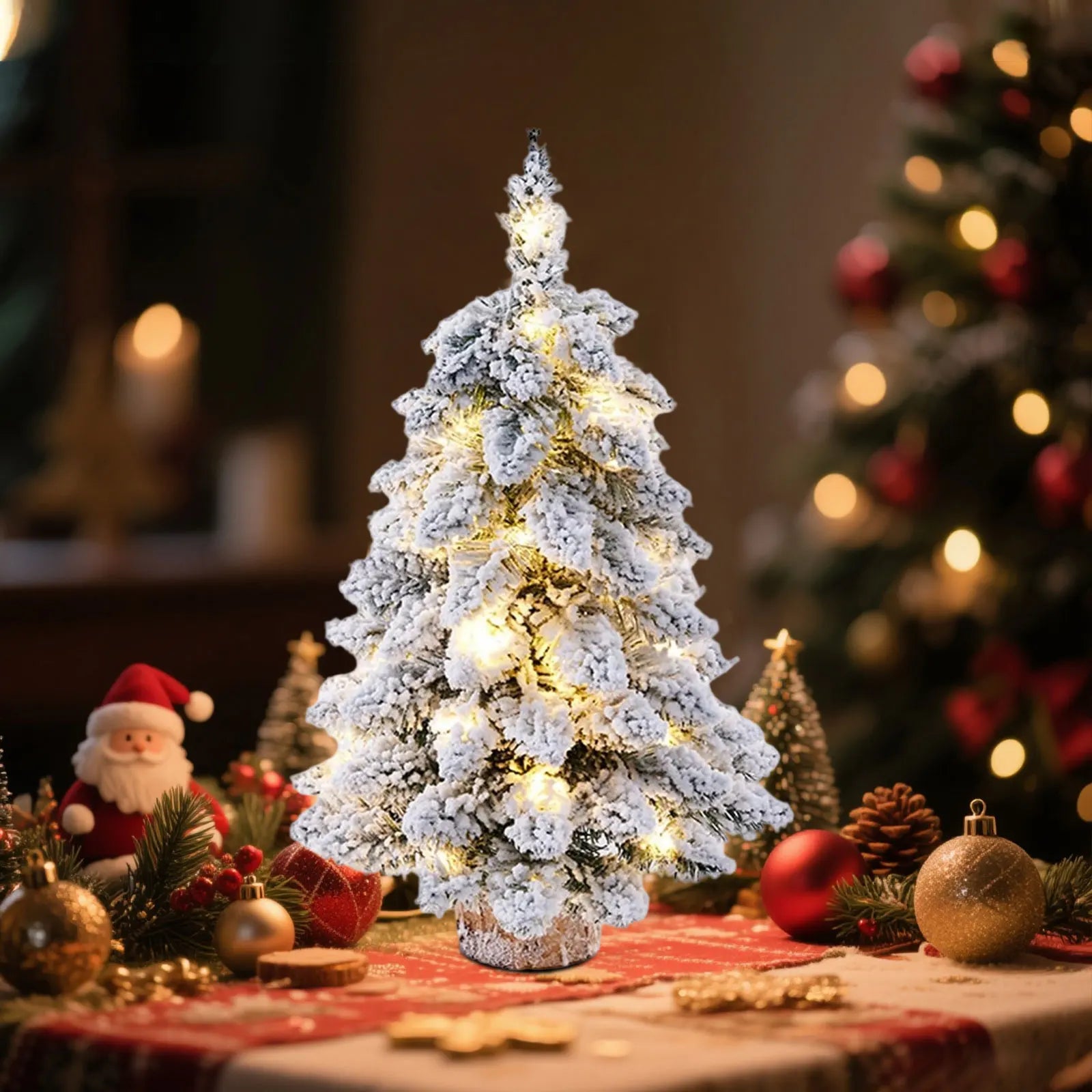 Mini Fake Christmas Tree Sculpture Snow Flocked Christmas Tree Plush Tree Enthusiast with LED Lights for Christmas Themed Partie
