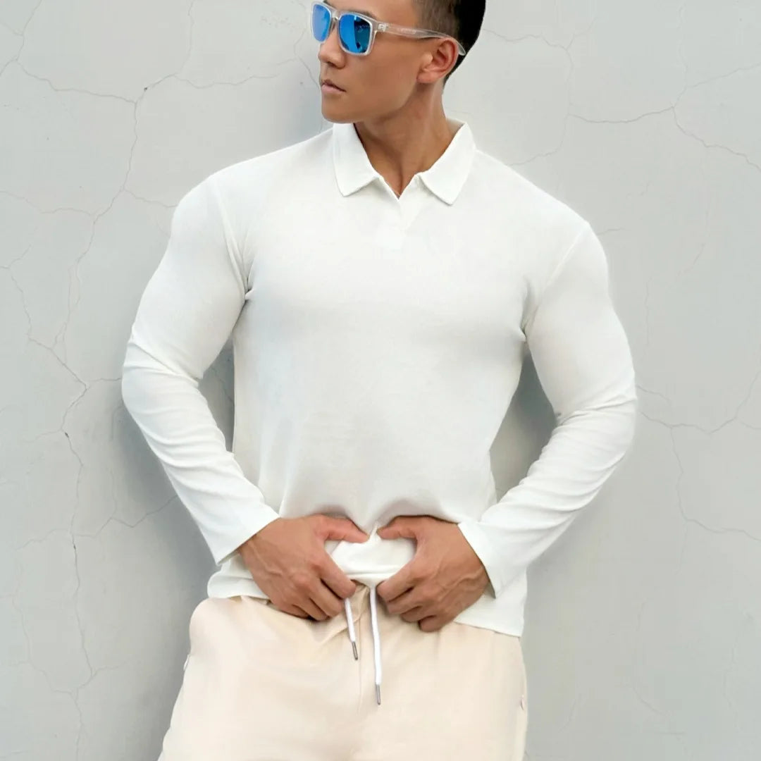 Men's New-style Henry Collar Large Polo Sports And Fitness Breathable Casual Training High-elastic Long-sleeved T-shirt