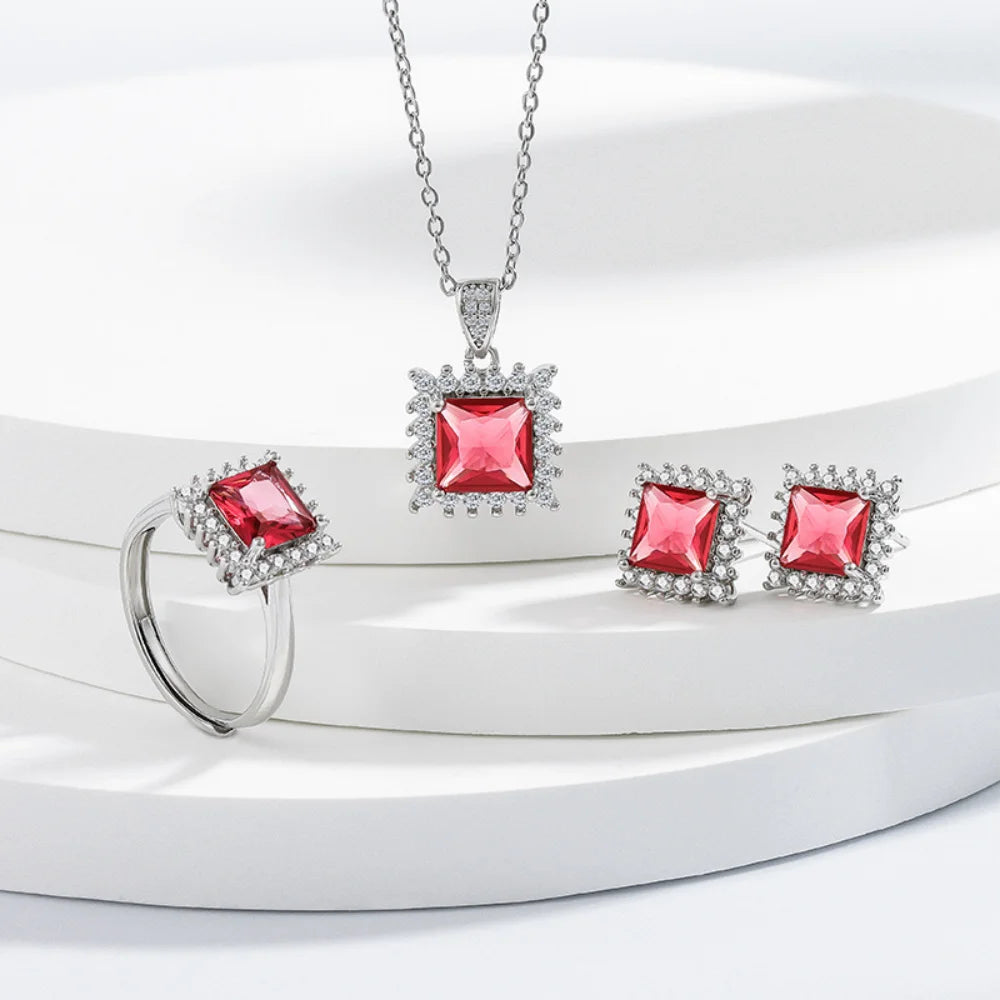 925 Sterling Silver Jewelry Set, Women's Shining Jewelry Cubic Zirconia Red Crystal Necklace Earrings Ring Birthday Gift Jewelry - You Offer