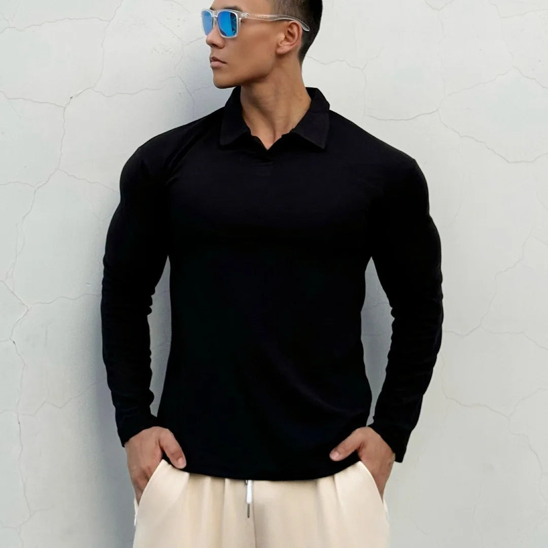 Men's New-style Henry Collar Large Polo Sports And Fitness Breathable Casual Training High-elastic Long-sleeved T-shirt