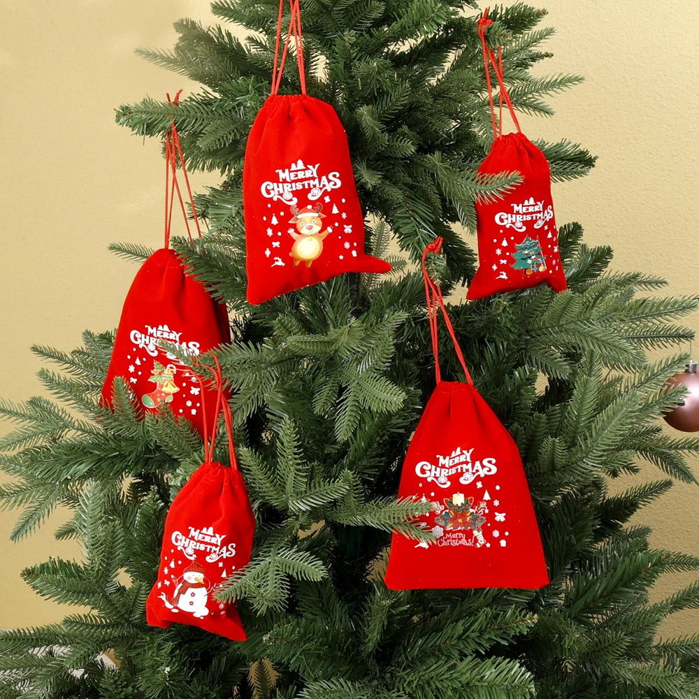 1/30pcs Christmas Gift Bags Red Velvet Drawstring Pouch Bulk Santa Candy Packaging Snack Wrapping Bag Wedding Party Favors Decor