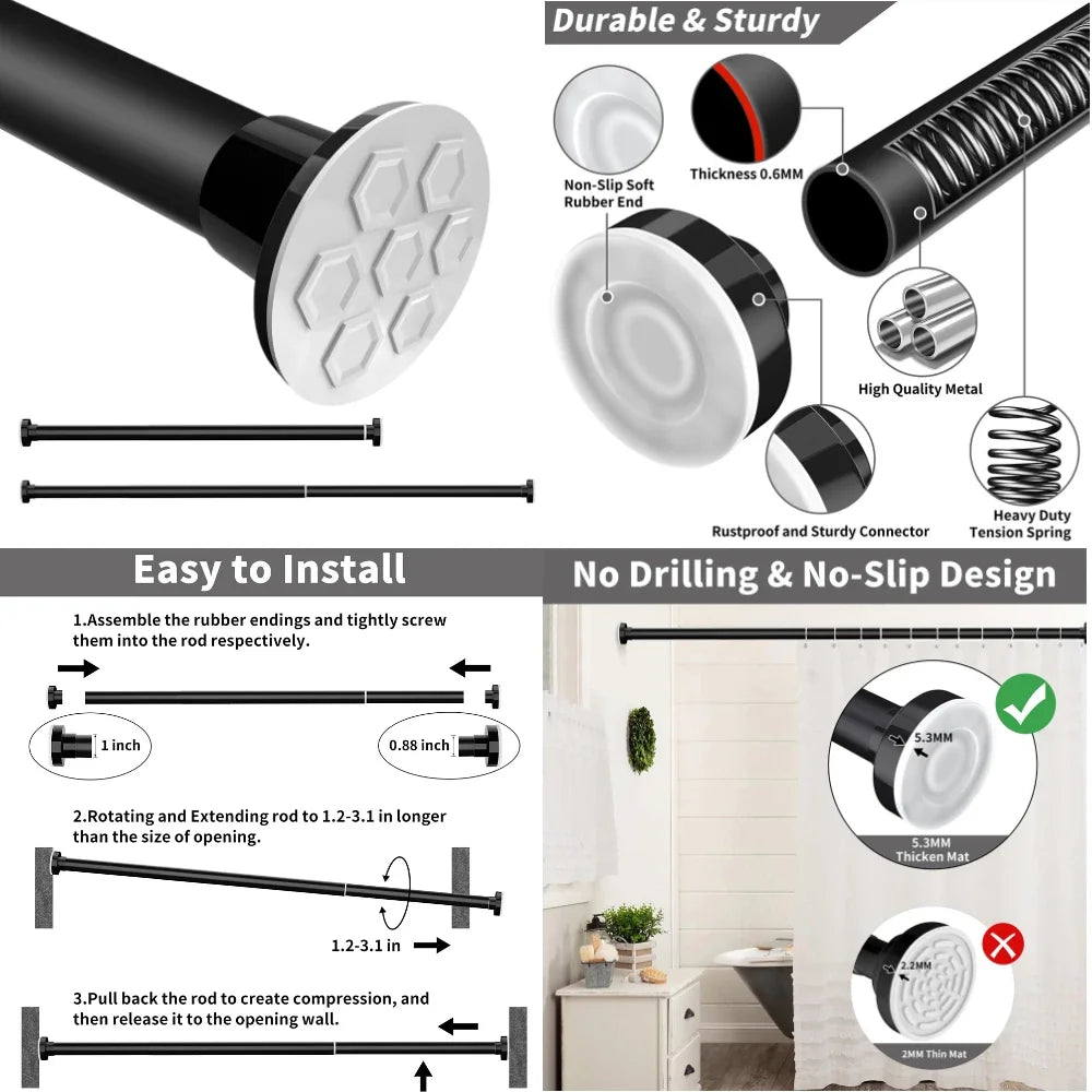 50-260CM Adjustable Curtain Rod No Drilling Telescopic Shower Curtain Pole for Balcony Bathroom Wardrobe Rod Clothes Drying Rack