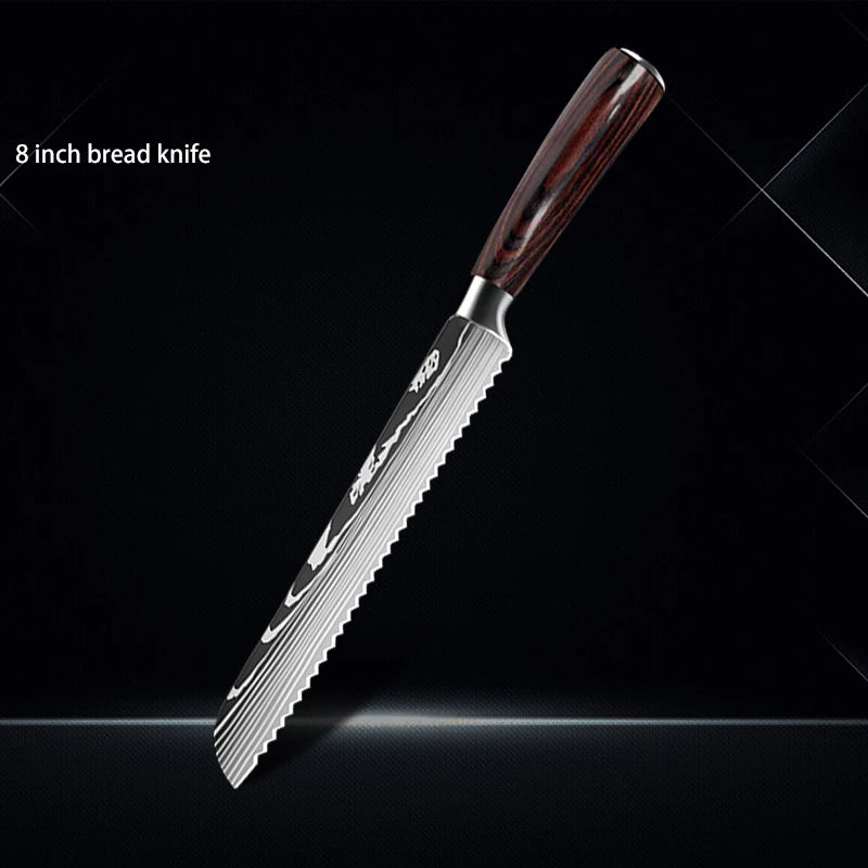Chef knife 1-10Pcs Set Laser Damascus Pattern Kitchen Knives Sharp Japanese Santoku Slicing Utility Knife Cleaver Boning Knives - You Offer