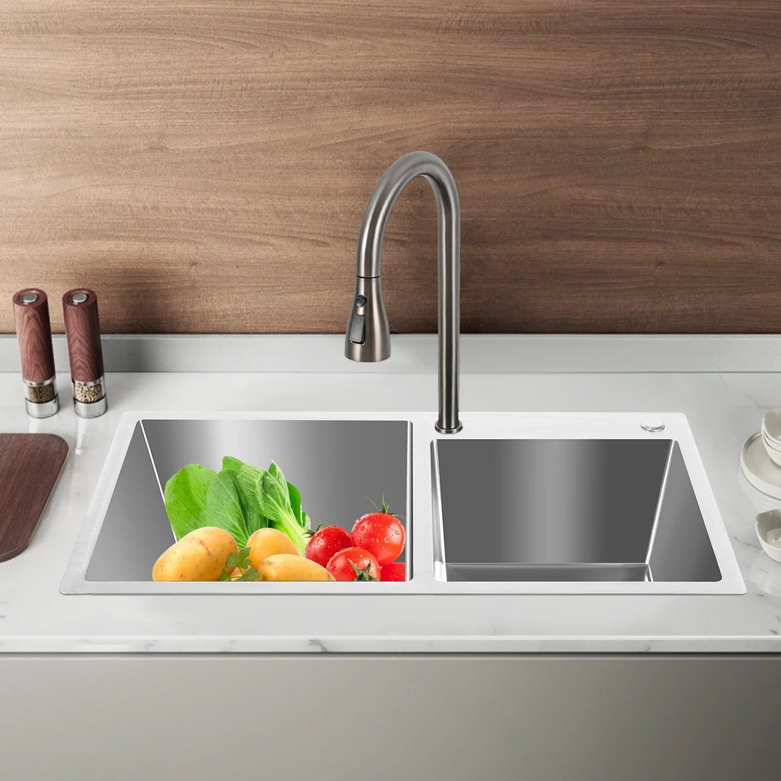Double Basin Stainless Steel Sink w/ Drainer 30L+23L Capacity 201 Grade, Bathroom Kitchen Accessories Household Items - You Offer