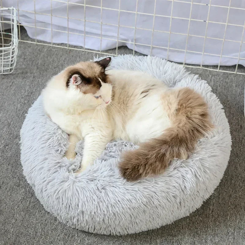 Round Plush Pet Bed - Self Warming Kennel, Machine Washable Mat with Non-Slip Bottom, Soft Cushion House Bed for Cats Dogs