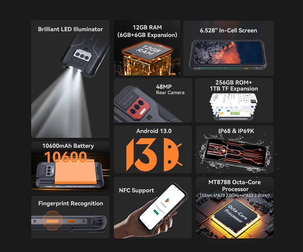 Cubot KingKong 8 Smartphone (6+6GB) RAM+256GB ROM 10600mAh Battery Dual LED Torch 48MP Rear Camera NFC Fingerprint Mobile Phone