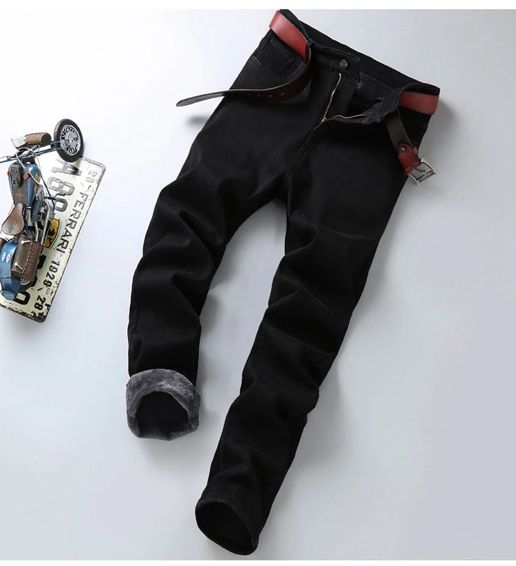 Winter Warm Jeans Men's Thickened Velvet Black Fashion Korean Trousers Plush Velvet Business Casual Straight Denim Pants - You Offer