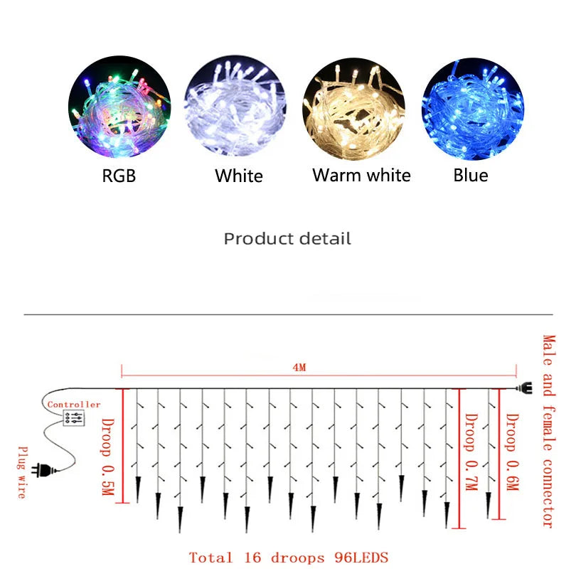5-36M LED Curtain Icicle String Lights Christmas Garland Waterfall Outdoor Garden Decoration Fairy Light For Street Eaves Patio