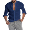 Male Casual Cotton Linen Shirts Long Sleeve Stand Collar Shirts Man Solid Social Shirt Blouses Formal Soccer Top Men Clothing
