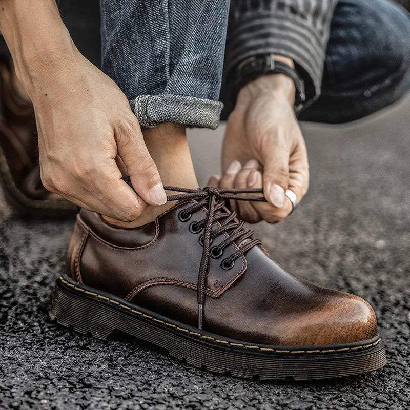Men's casual leather low-top heightening large-head work boots breathable versatile British cow tendon sole derby shoes