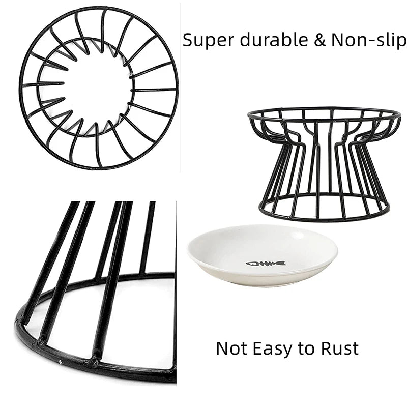 2024 New Pet Ceramic Bowl Iron Rack Cat Food Snacks Canned Plate Anti-Black Chin Anti-Turning Water Does Not Leak Easy To Eat