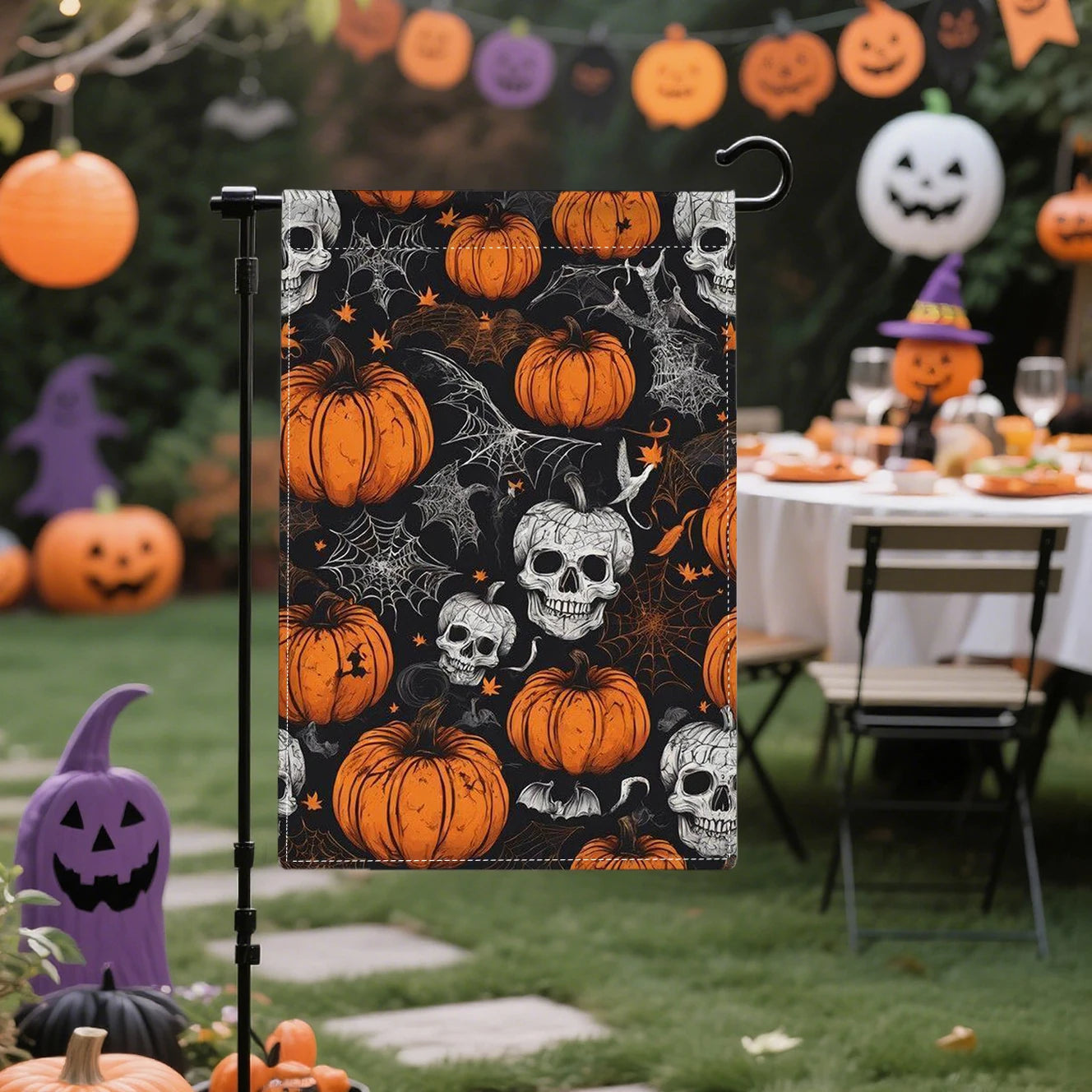 Halloween Skull Pumpkins Double-Sided Linen, 12x18 Inches, Home Outdoor Yard Holiday Party Decorations (Flag Pole Not Included)