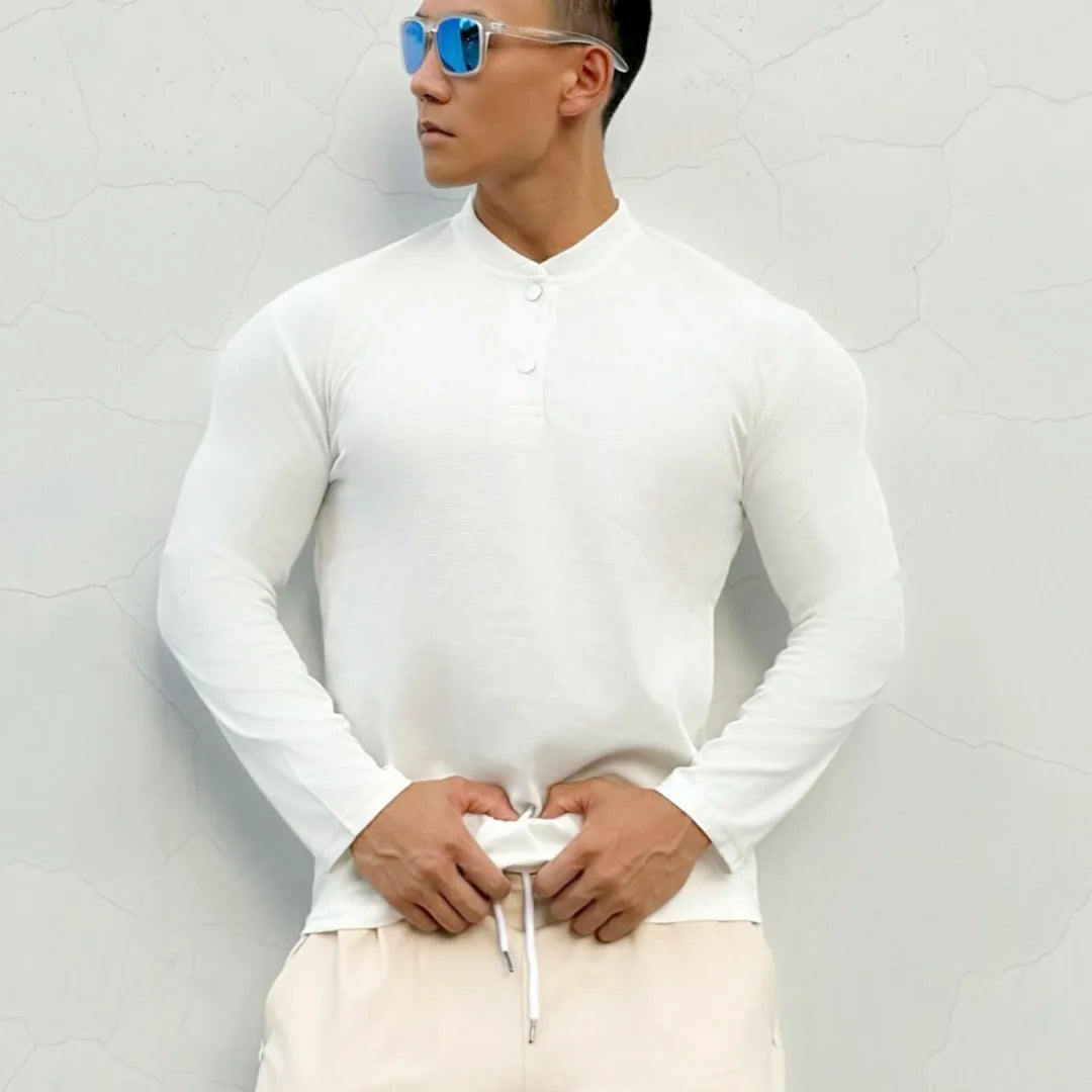 Men's New-style Henry Collar Large Polo Sports And Fitness Breathable Casual Training High-elastic Long-sleeved T-shirt