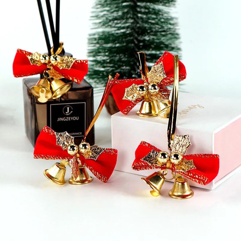 Christmas Mini Bowknot Jingle Bell Xmas Trees Hanging Pendant Small Bow with Bell Ornament DIY Party Gifts New Year Decorations