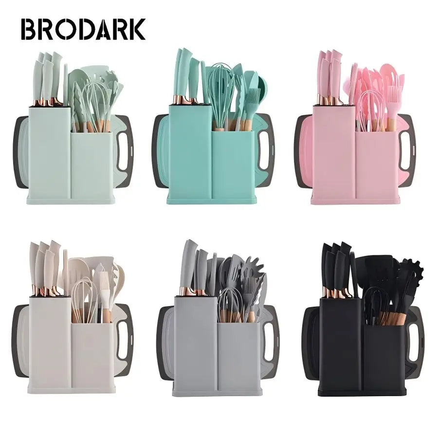 19pcs Food Grade Silicone Brodark Kitchenware Set, Cooking Spoon, Shovel, Cutting Board, Fruit Knife, Chef Knife, Combination Se - You Offer