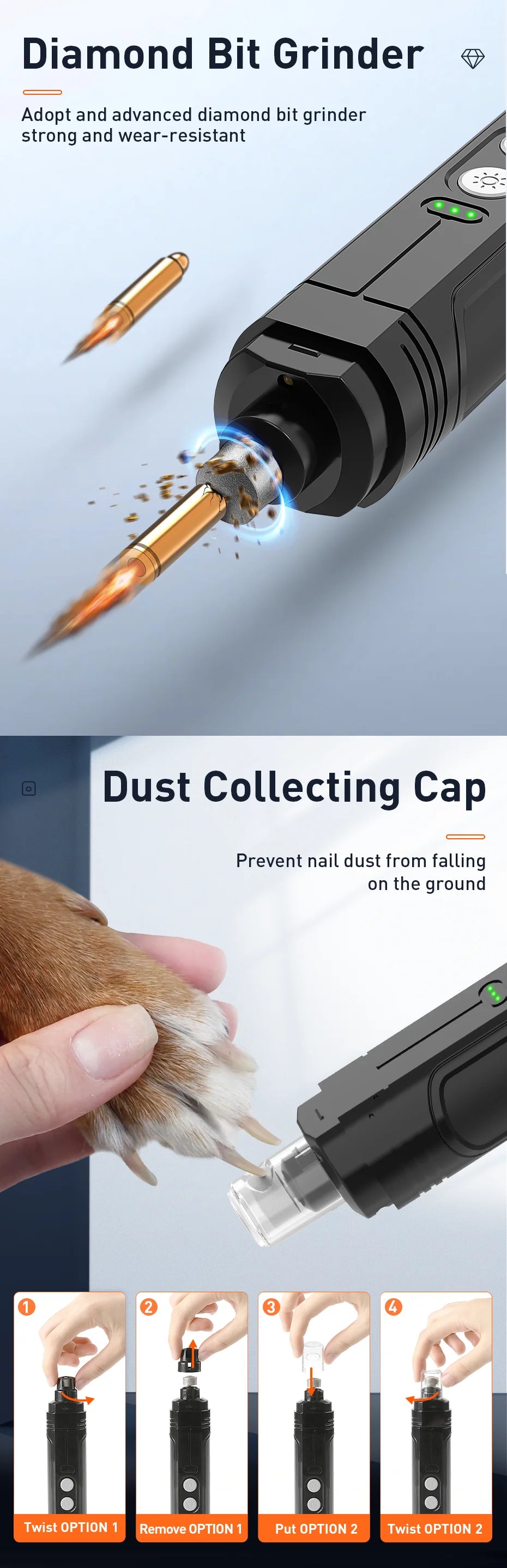 ROJECO P3 Pet Nail Grinder Electric Dog Nail Clippers With 2 LED Light Rechargeable Cat Claw Nail Grooming Trimmer Tools