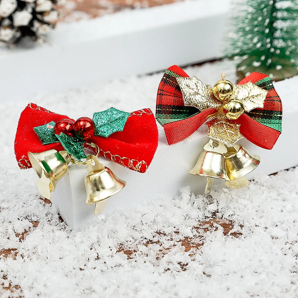 Christmas Mini Bowknot Jingle Bell Xmas Trees Hanging Pendant Small Bow with Bell Ornament DIY Party Gifts New Year Decorations