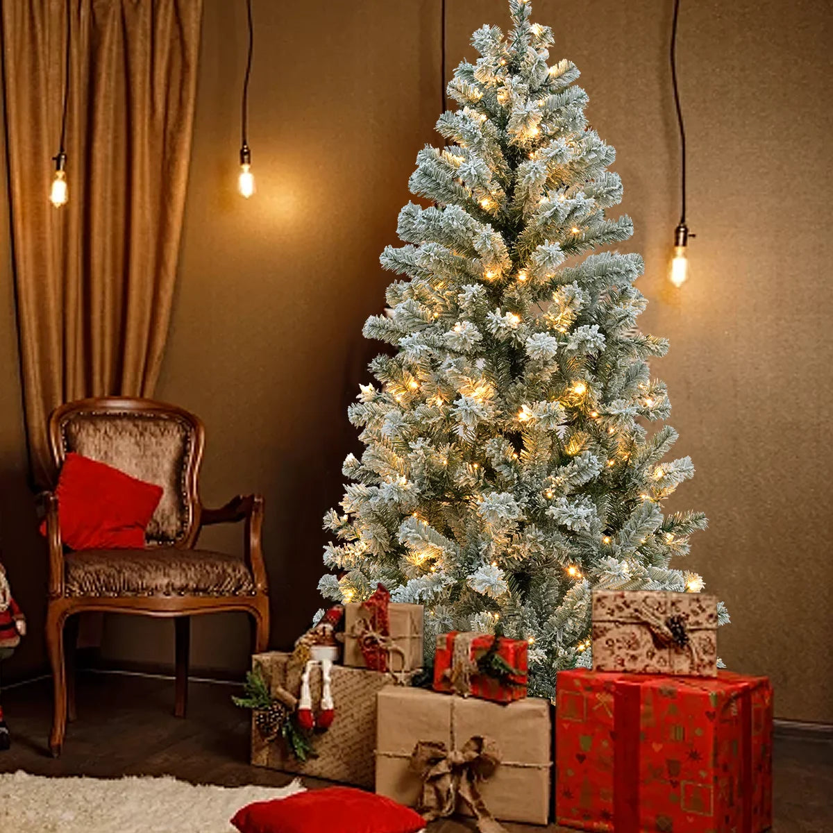 6FT/6.23FT Pre-lit Falling Snow Artificial Christmas Tree, Indoor, Holiday, DIY, Home, Room, Kitchen, Party, Christmas Decor