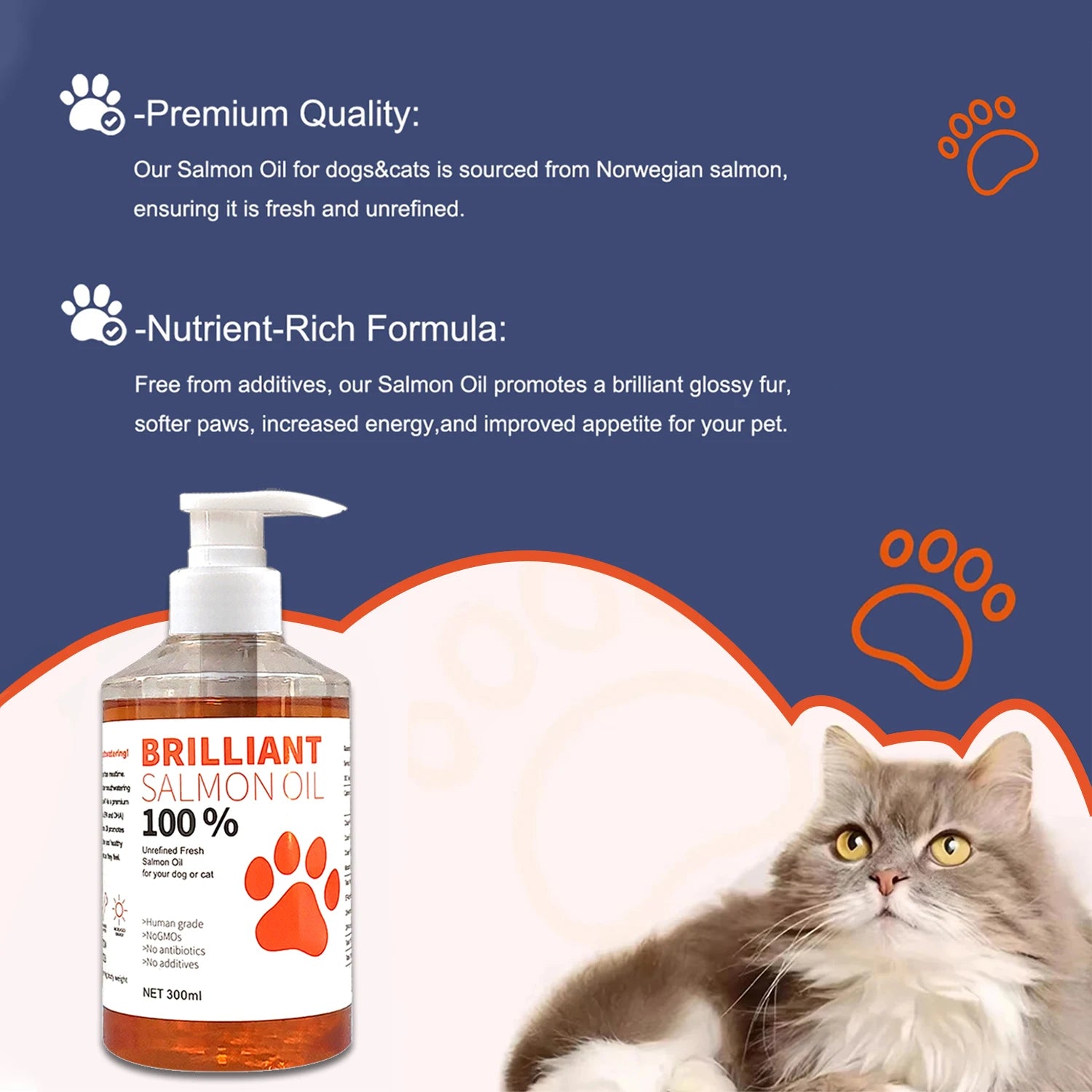300ml/10.15 fl oz, 100ml/3.38 fl oz Human Grade Salmon Oil for Dogs&Cats – Omega Fatty Acids Supplement for Optimal Health & Nut