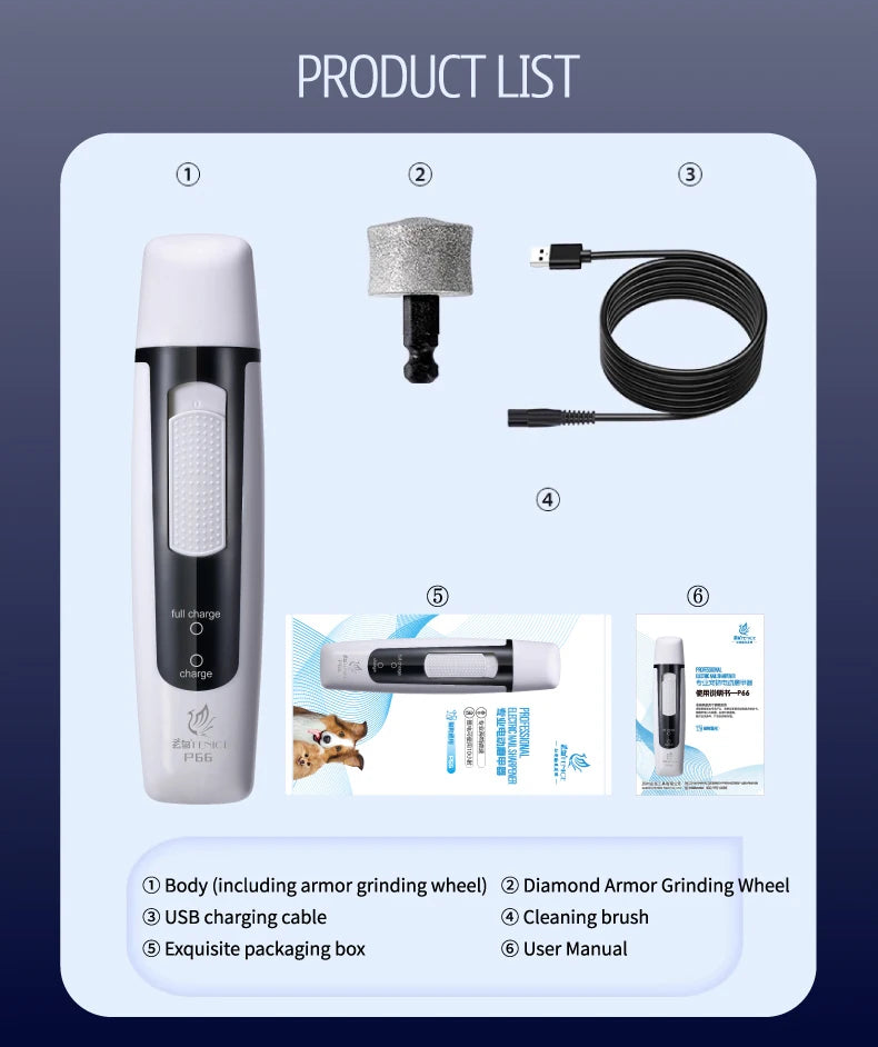 Fenice P66 USB Charging Electric Nail Grinder Rechargeable Quiet Pet Nail Clippers with Free Grinding Wheel for Dogs/Cats/Pets
