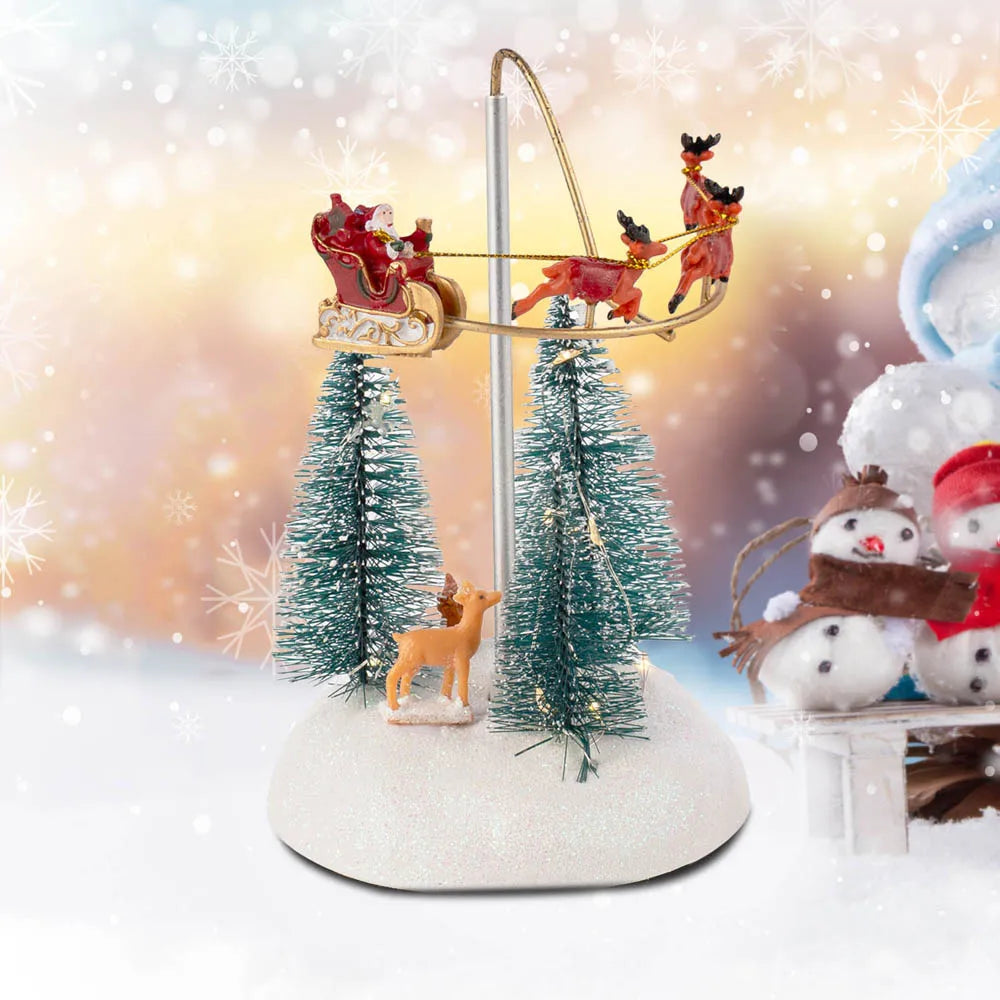 Christmas Village Animated Flying Sleigh Accessory Figurines, Lights Musical with Rotating Santa & Sleigh Holiday Decorations