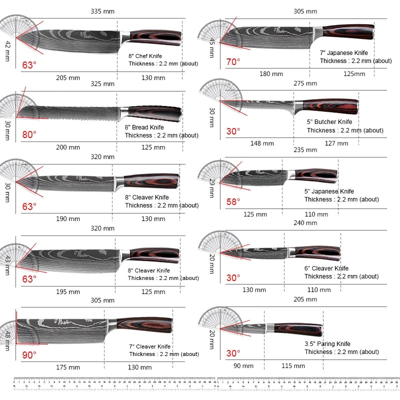 Chef knife 1-10Pcs Set Laser Damascus Pattern Kitchen Knives Sharp Japanese Santoku Slicing Utility Knife Cleaver Boning Knives - You Offer