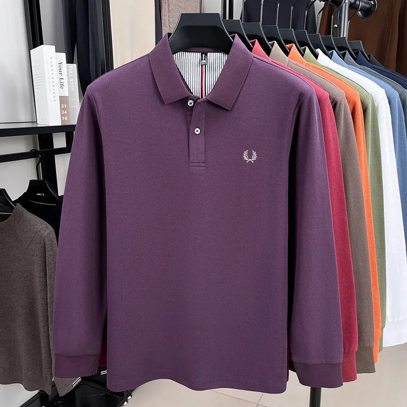100% pure cotton autumn and winter highend men POLO shirt fashion brand embroidered wheat business casual lapel long sleeved top