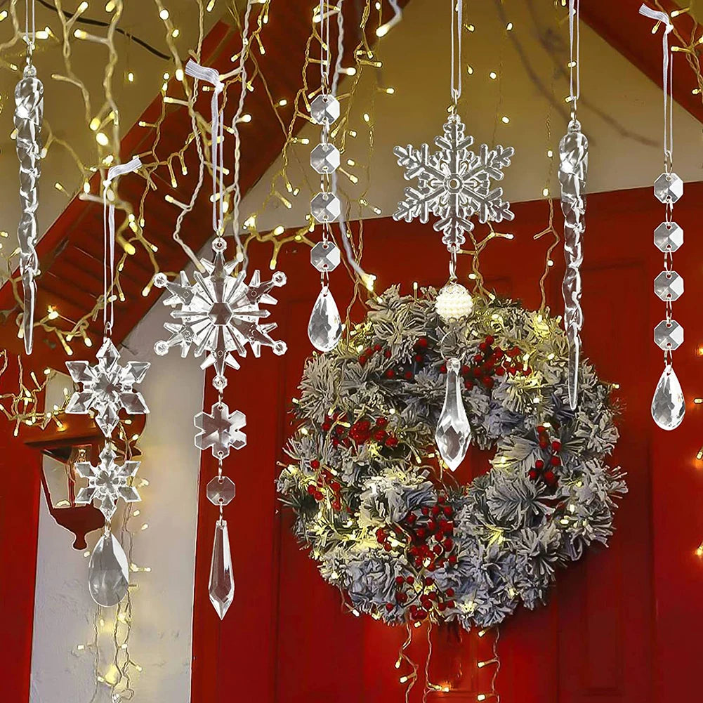 Crystal Clear Snowflake Acrylic Ice Pendants Christmas Tree Hanging Ornaments Icicle Water Drop Decoration For Xmas Party Decor