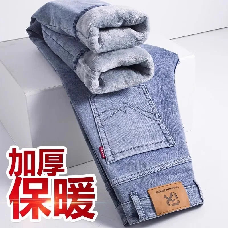 New Autumn and Winter Fashion Trend With Thick Fleece and Warm Straight Leg Blue Jeans For Men's Casual Sports High-end Jeans - You Offer
