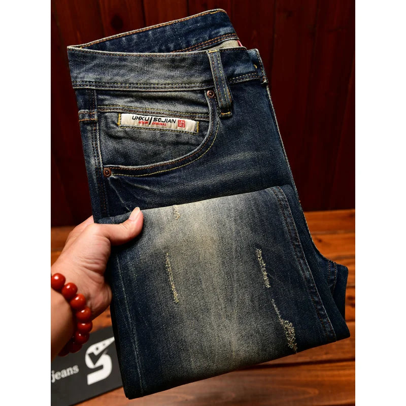 Heavy duty denim washed retro jeans for men 2025 new slim fit small foot elastic trendy brand casual Korean version pants - You Offer