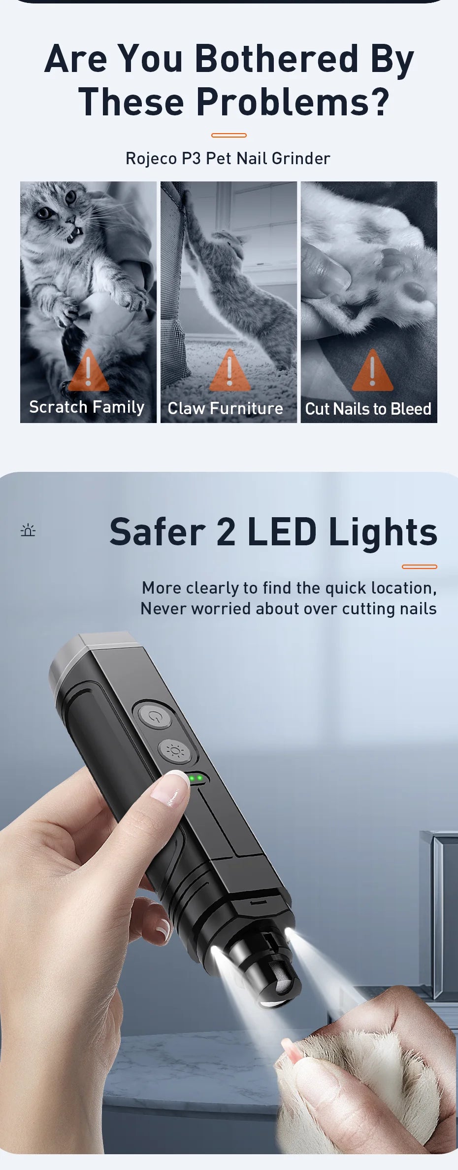 ROJECO P3 Pet Nail Grinder Electric Dog Nail Clippers With 2 LED Light Rechargeable Cat Claw Nail Grooming Trimmer Tools