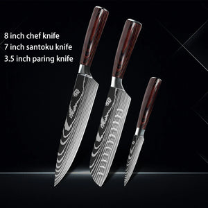 Chef knife 1-10Pcs Set Laser Damascus Pattern Kitchen Knives Sharp Japanese Santoku Slicing Utility Knife Cleaver Boning Knives - You Offer