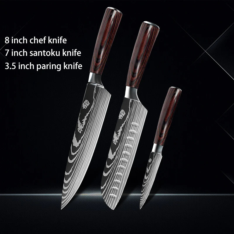 Chef knife 1-10Pcs Set Laser Damascus Pattern Kitchen Knives Sharp Japanese Santoku Slicing Utility Knife Cleaver Boning Knives - You Offer