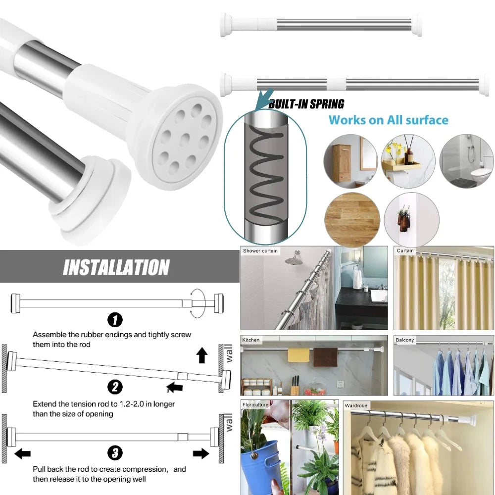 50-260CM Adjustable Curtain Rod No Drilling Telescopic Shower Curtain Pole for Balcony Bathroom Wardrobe Rod Clothes Drying Rack