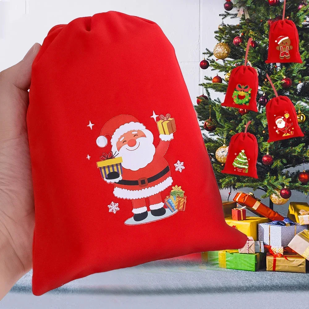 Christmas Drawstring Bags Velvet Cartoon Santa Claus Snowman Candy Snakcs Gifts Bags for Xmas Tree Party Home Packaging Pouches