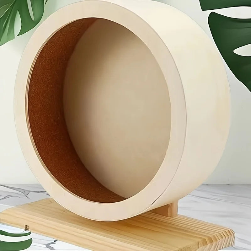 Wooden Silent Hamster Wheel with Stand | Natural Wood Exercise Spinner for Chinchillas/Hedgehogs/Ferrets, Anti-Slip Non-Ejection