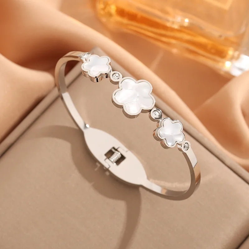 Simple Stainless Steel White Shell Five Leaf Flower Bangle Classic Clover Wrist Jewelry Luxury for Woman Party Jewelry Gift - You Offer