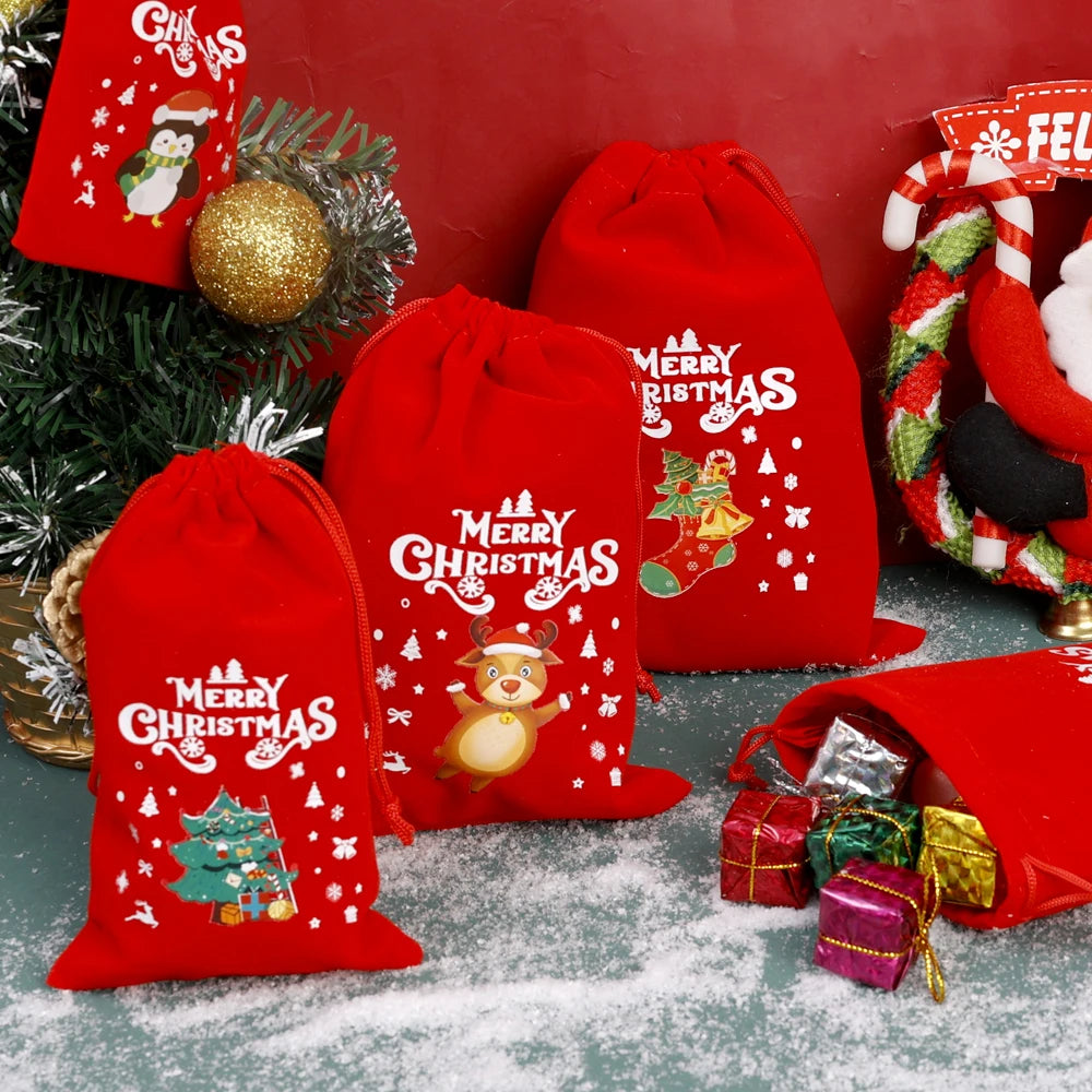 1/30pcs Christmas Gift Bags Red Velvet Drawstring Pouch Bulk Santa Candy Packaging Snack Wrapping Bag Wedding Party Favors Decor