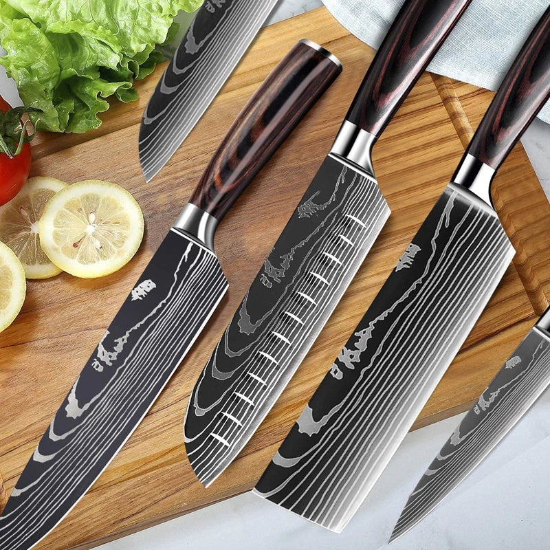 Chef knife 1-10Pcs Set Laser Damascus Pattern Kitchen Knives Sharp Japanese Santoku Slicing Utility Knife Cleaver Boning Knives - You Offer