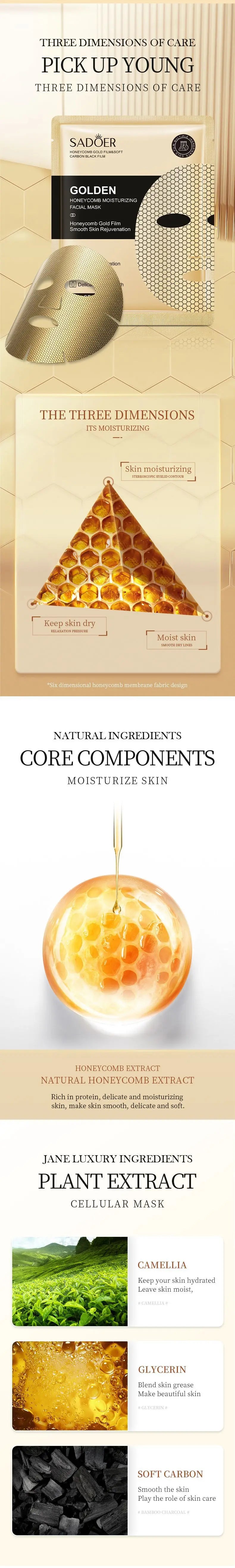 10 Pieces Golden Honeycomb Facial Mask Oil Control Moisturizing Brightening Skin Tone and Soft Skin for All Kinds Skins