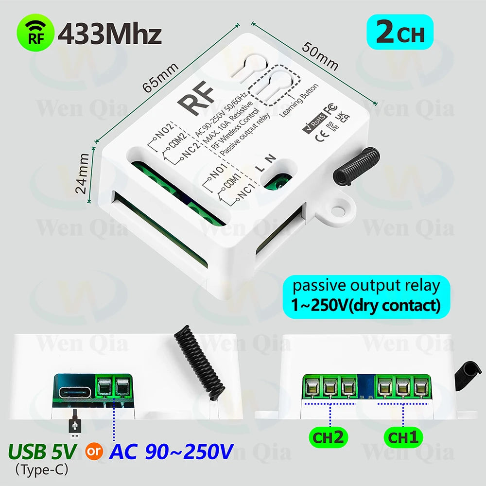 433MHz Universal Wireless Remote Control Switch 2 CH,AC 110V 220V RF Relay Receiver,for Light/Fan/Motor/Garage Door Opener etc