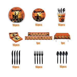 114pcs Halloween Decorations Pumpkin Tableware Set Paper Plates Cups Napkins Banner Tablecloth Halloween Night Party Supplies