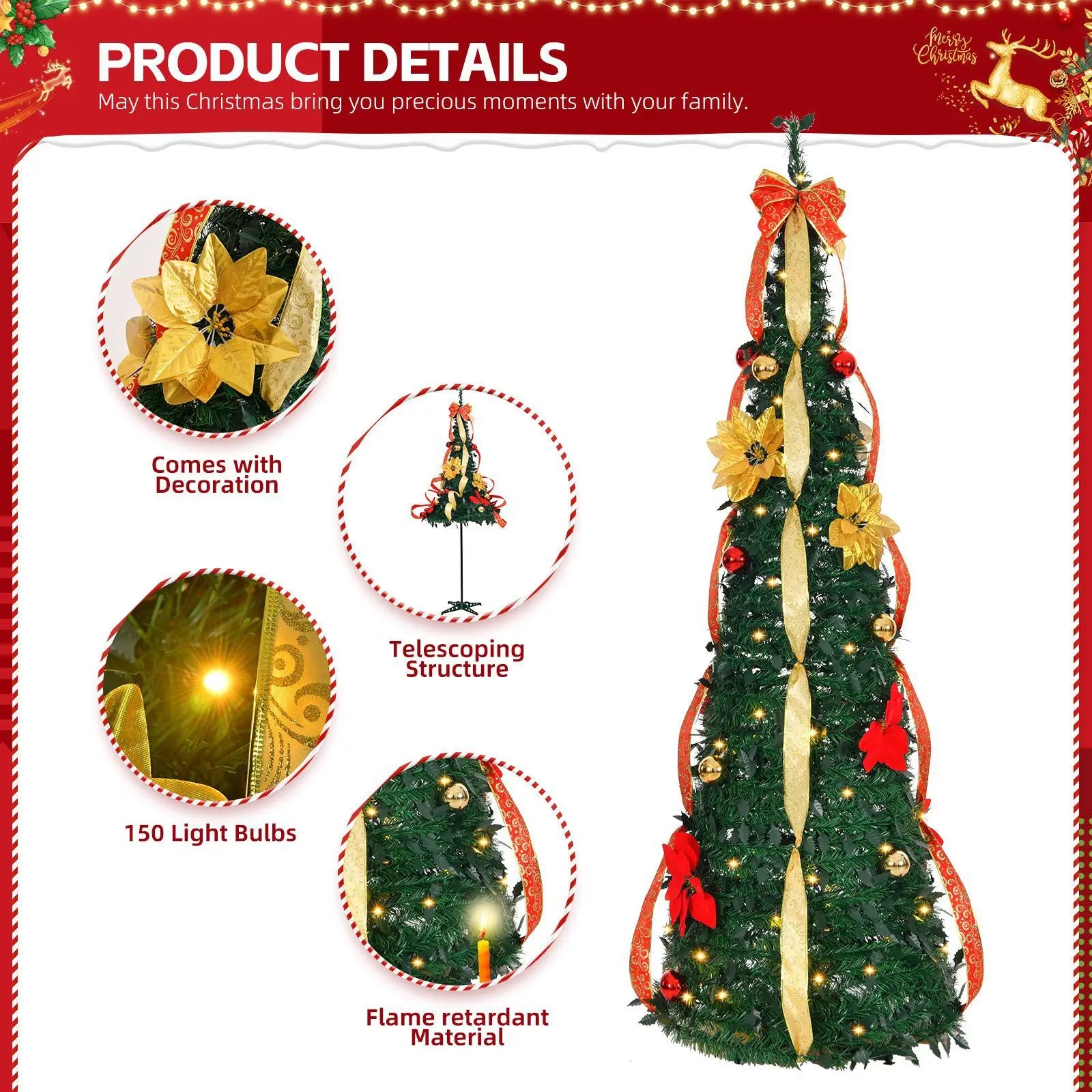 New Retractable Christmas Tree with Red and Yellow Flower Decorations, LED Light Frame, Foldable Holiday Ornament